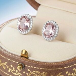 NEW Oval Pink Sapphire Stud Earrings 14K Plated CZ Wedding Luxury Romantic